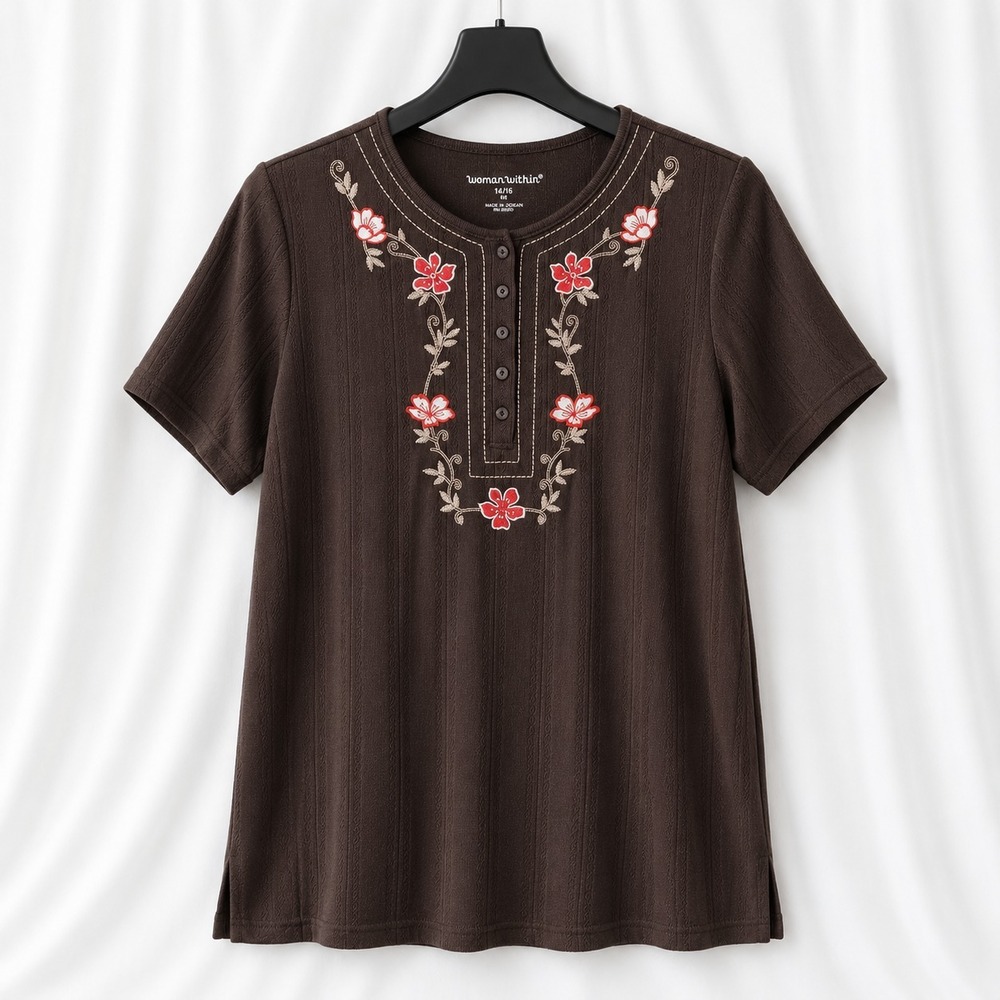 Woman Within Floral Embroidered Henley Top Womens M 14 16 Brown Short Sleeve